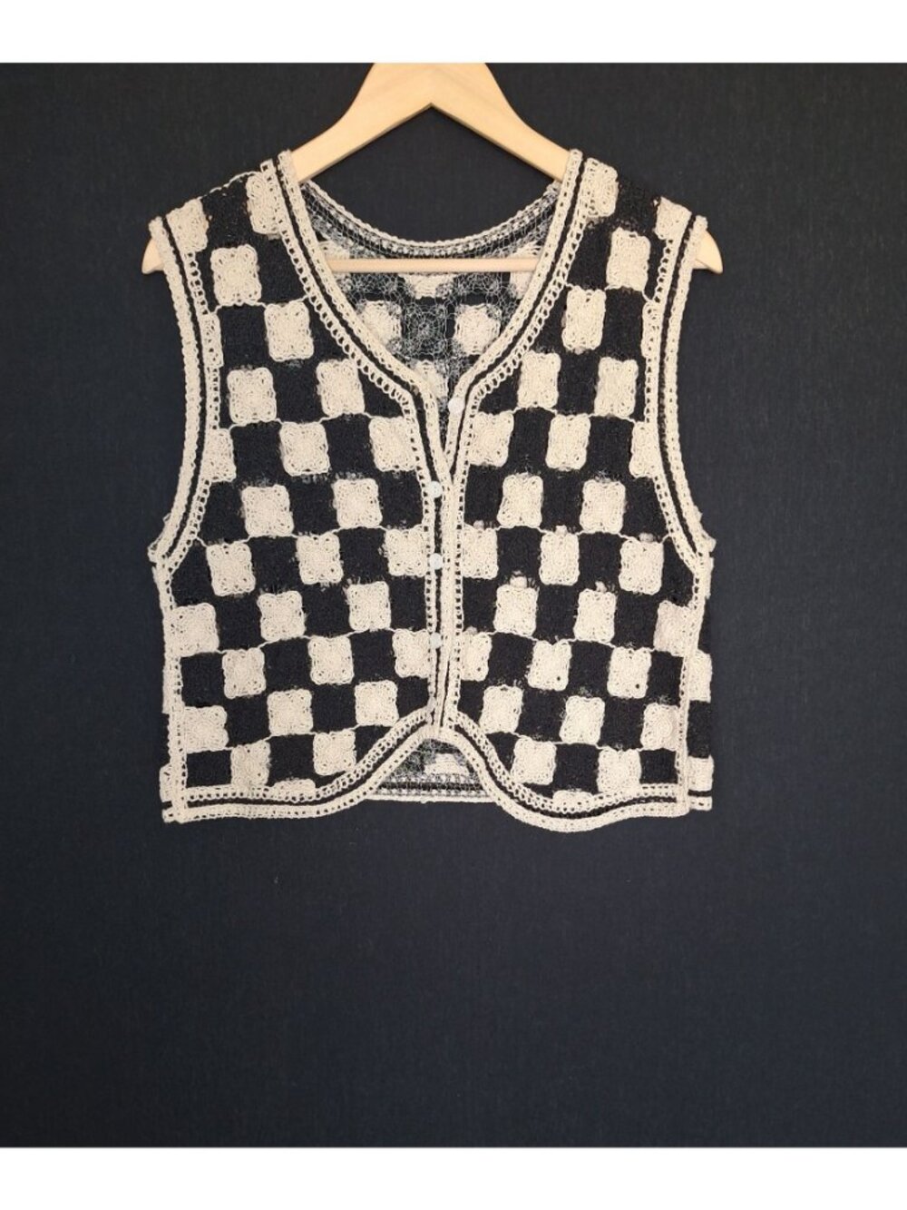 💙 Crochet Vest Black Cream Checkerboard Boho Size M/L Open Front Sweater Vest C - Picture 7 of 7
